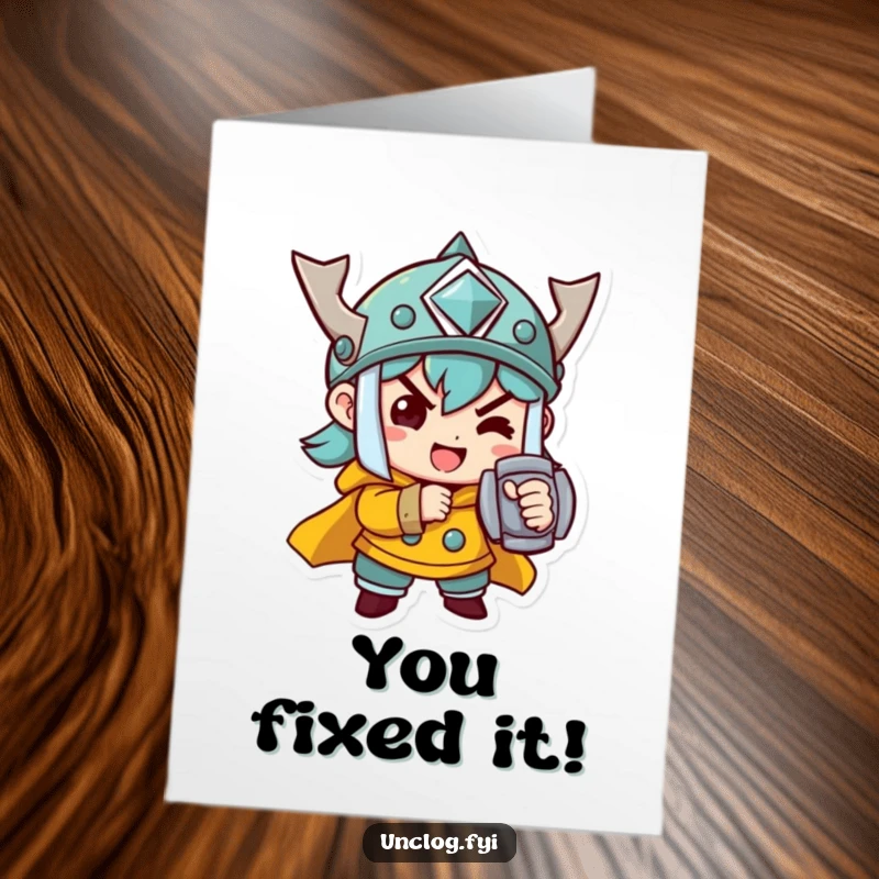 Funny Free Printable Congrats Card: Cheerful character determinedly tightening a bolt, signifying accomplishment.