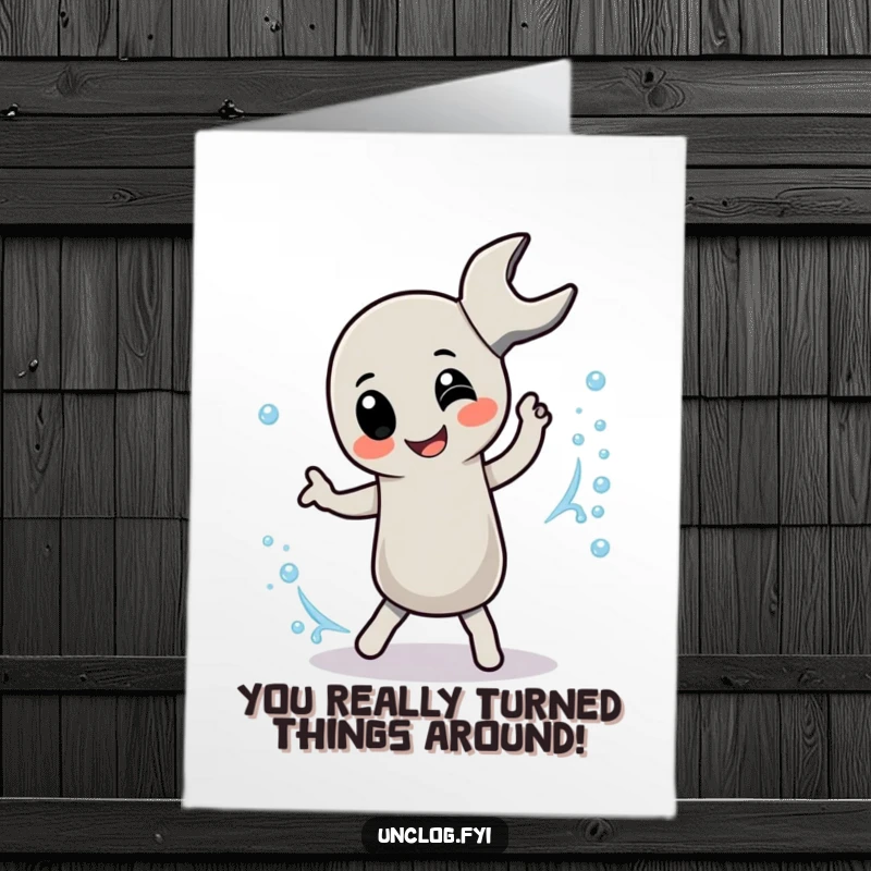 Funny free printable congratulations card of a pipe wrench character gleefully dancing with a bubbly stream, celebrating achievement.