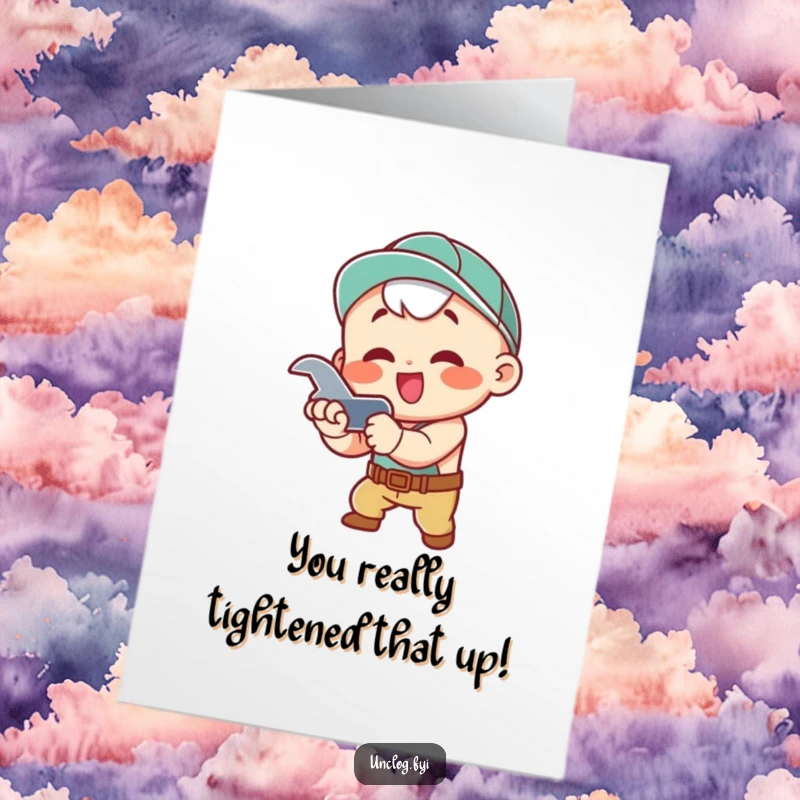 Funny Free Printable Kawaii Plumber Congrats Card, character tightening pipe with wrench, celebrating success, DIY gift.