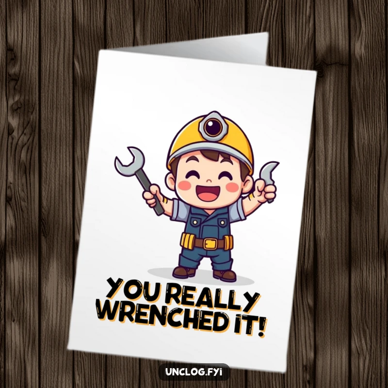 Funny Free Printable Congratulations Card: A character performs an ecstatic victory dance, joyfully brandishing a wrench.