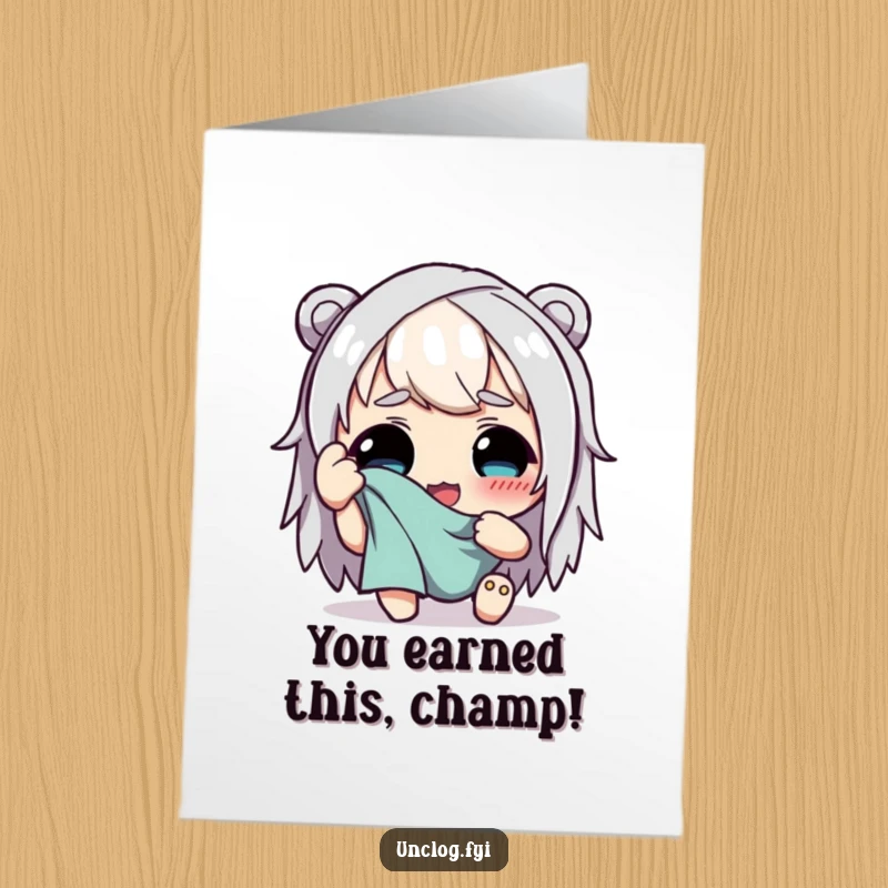 Funny Free Printable Congratulations Card: Character wipes sweat in relief, a hilarious downloadable gift.