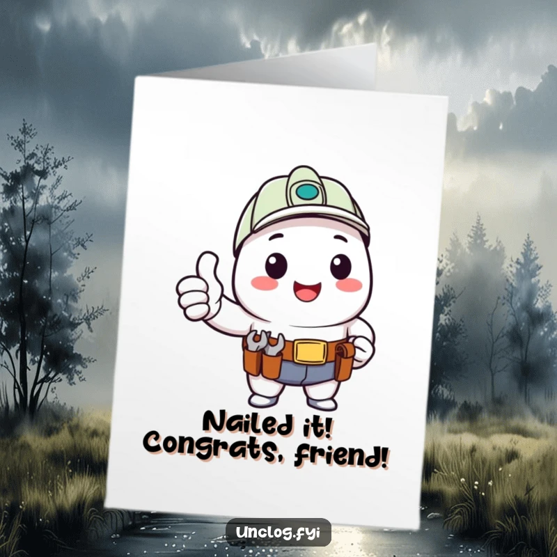 Funny Free Printable Kawaii DIYer Congrats Card, character with tool belt giving thumbs up, celebrating success, DIY gift.