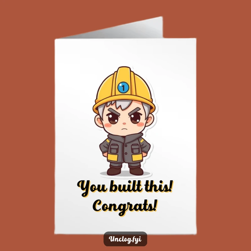 Free Printable Congrats Card: Hard Hat Determination Funny Character Downloadable Gift