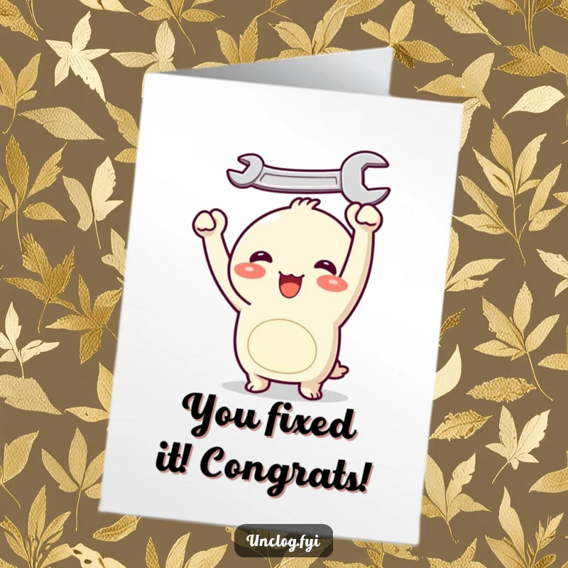 Funny free printable congratulations card: Cute Kawaii character beaming with joy, triumphantly holding a wrench above its head.