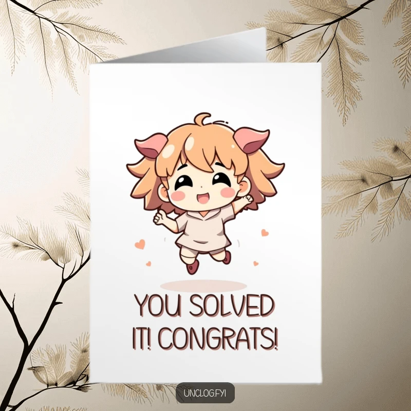 Free Printable Congratulations Card: Character in an energetic jump, celebrating a solved problem or achievement.