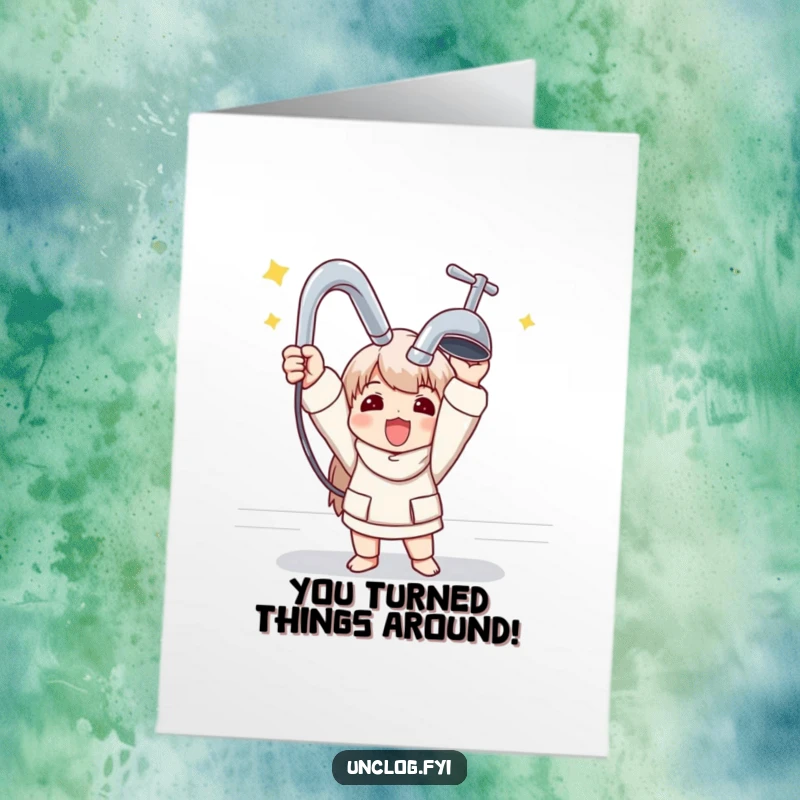 Funny Free Printable Congrats Card DIY: Character holding a new faucet victoriously, celebrating achievement, gift.