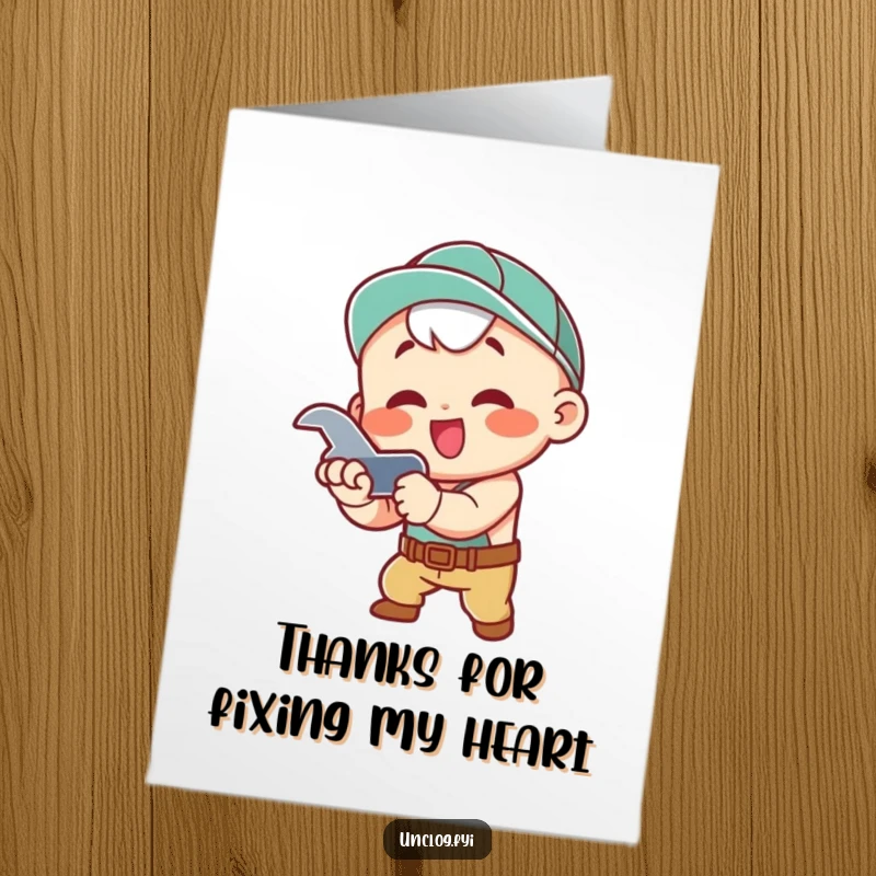 Funny Free Printable Kawaii Plumber Thank You Card, character tightening pipe with wrench, expressing gratitude, DIY gift.