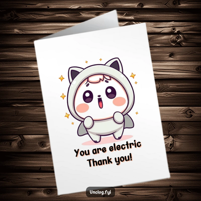 Funny Free Printable Kawaii Thank You Card, cute character with a surprised expression and sparks, expressing gratitude humorously.