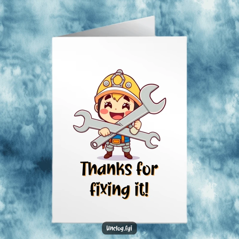 Funny Free Printable Thank You Card: A cute character gleefully holding a giant wrench with a proud smile, expressing thanks.