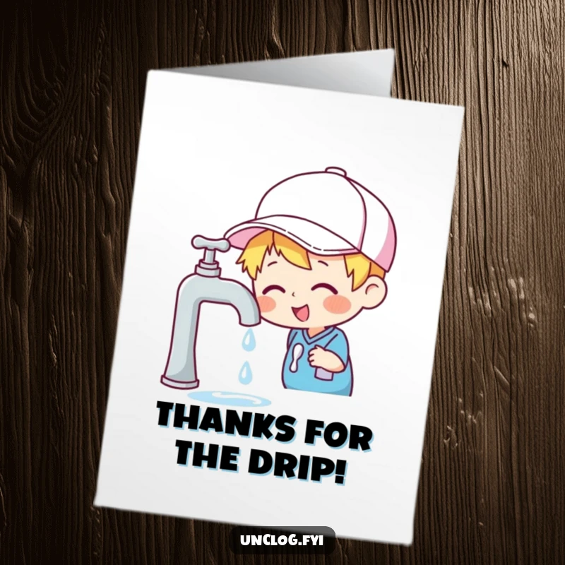 Funny Free Printable Thank You Card: Character in a cap cheerfully inspecting a dripping faucet, expressing thanks.