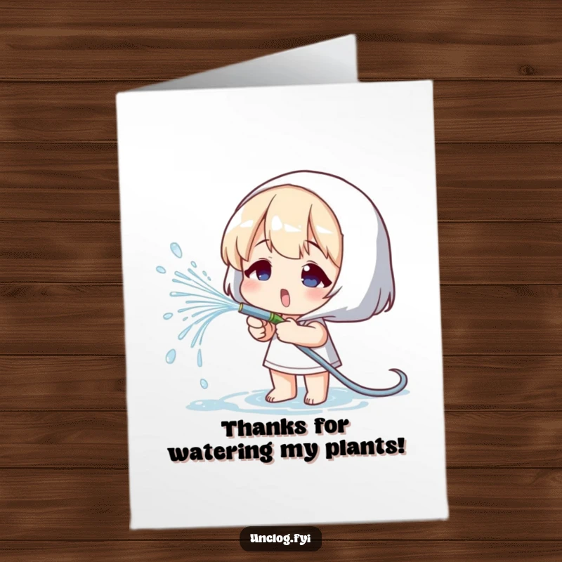 Funny Free Printable Thank You Card DIY: Character spraying water from hose, expressing thanks, gift.
