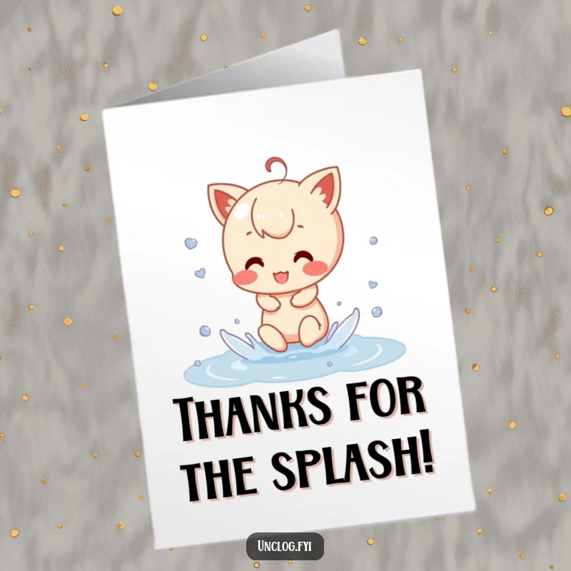 Funny Free Printable Thank You Card of a character delightedly splashing water in a puddle, perfect for thanks.
