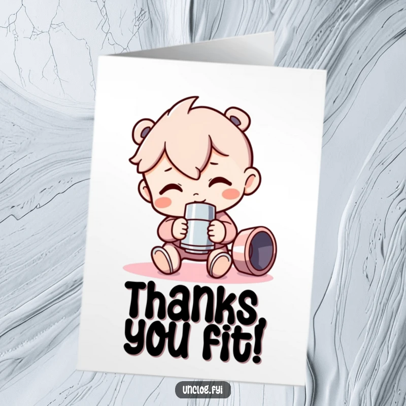 Funny Free Printable Thank You Card showing a character adoring a shiny new pipe fitting, perfect for thanks.