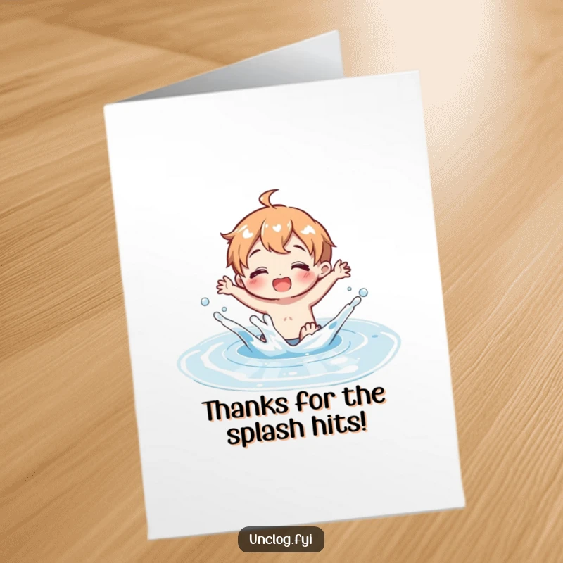 Funny Free Printable Thank You Card: Character happily splashing in a clean puddle, conveying joyful thanks.
