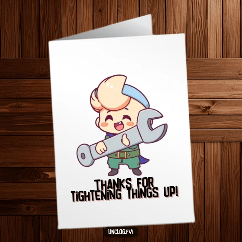Funny free printable thank you card showing a character happily tightening a big bolt, a quirky way to express thanks.