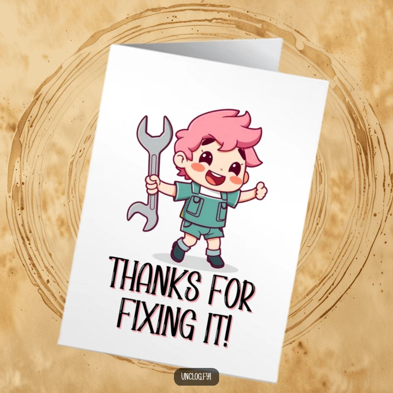 Funny Free Printable Thank You Card: Character happily dancing with a wrench, expressing thanks. Hilarious downloadable.