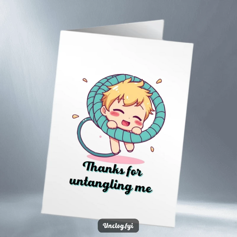 Funny Free Printable Thank You Card: Character humorously tangled in a hosepipe, expressing thanks for your kindness.