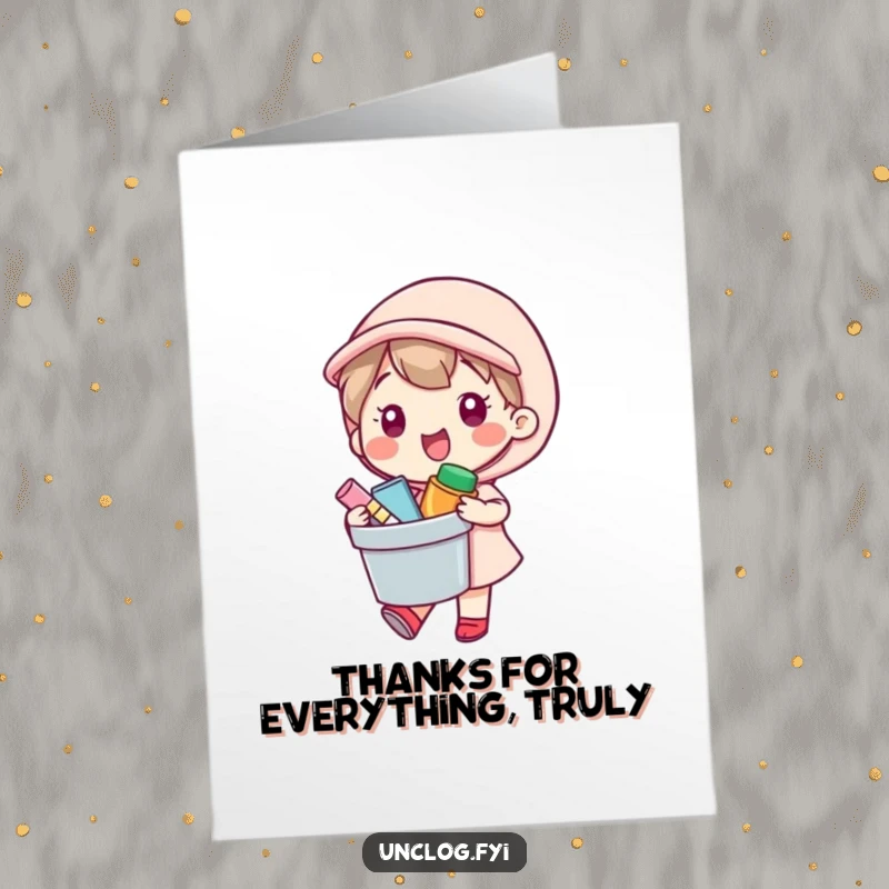 Funny Free Printable Kawaii Helper Thank You Card, character carrying bucket of supplies, expressing gratitude, DIY gift.