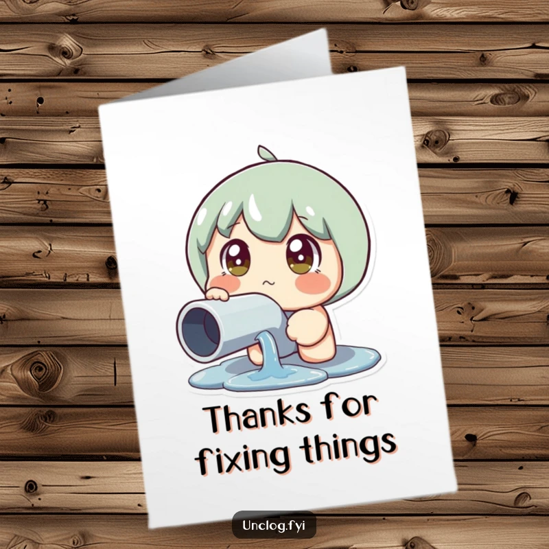 Funny Free Printable Thank You Card: a character with wide eyes looking at a leaky pipe, expressing thanks with comical surprise. Downloadable.