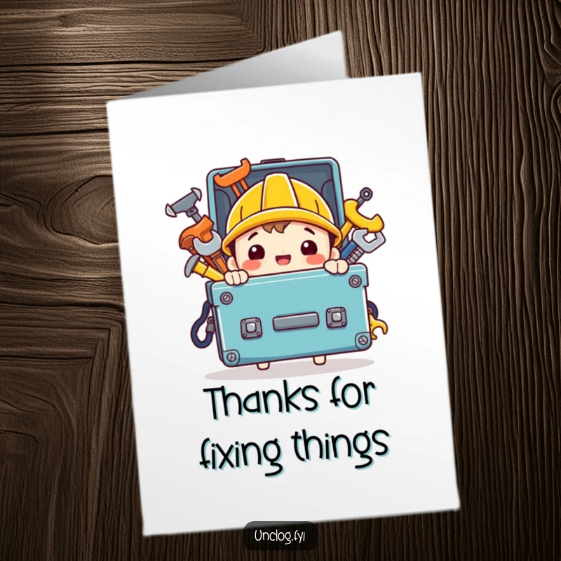Funny Free Printable Thank You Card: A happy character carrying a toolbox brimming with shiny tools, humorously thanking someone for their help.