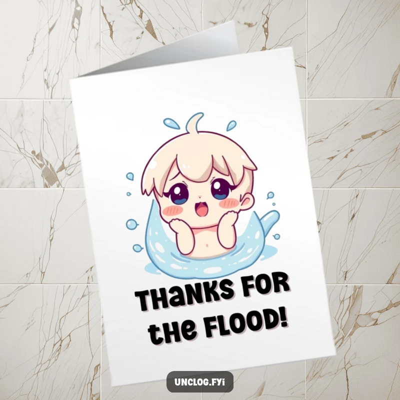 Funny Free Printable Thank You Card: Character with a surprised smile looking at overflowing water, expressing huge thanks.