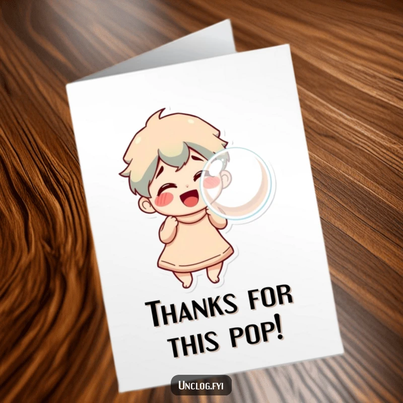 Funny Free Printable Thank You Card: Character happily blowing a large, triumphant bubble, expressing bubbly thanks, downloadable art.