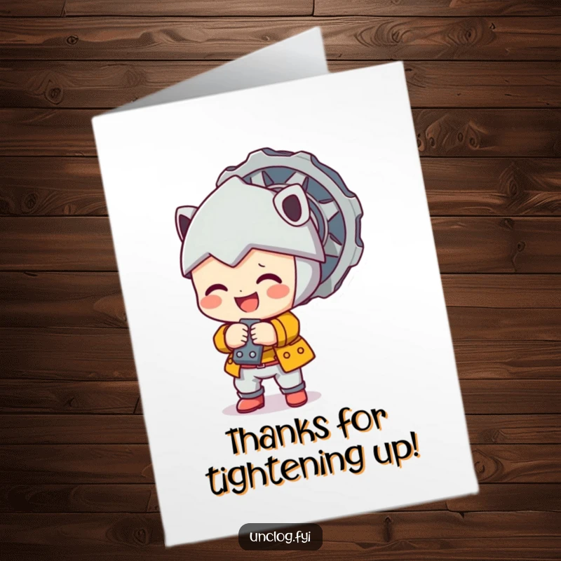 Cute Free Printable Thank You Card of a character happily tightening a large bolt, signifying help.