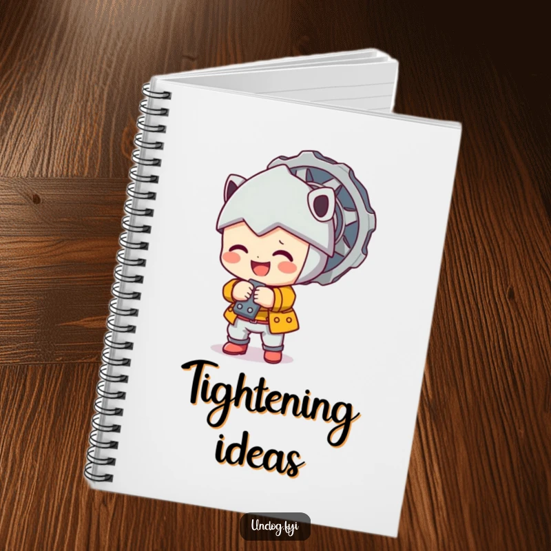 Cute character happily tightening a large bolt on the cover of a lined notebook.