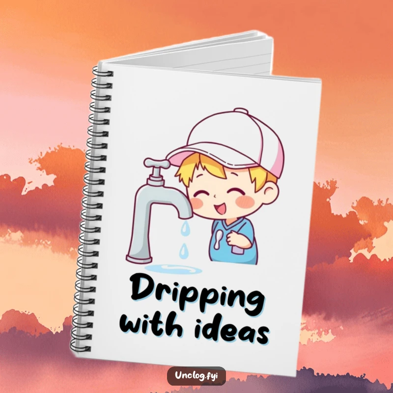 Funny notebook featuring a cheerful character in a cap inspecting a dripping faucet, for noting down tasks and ideas.