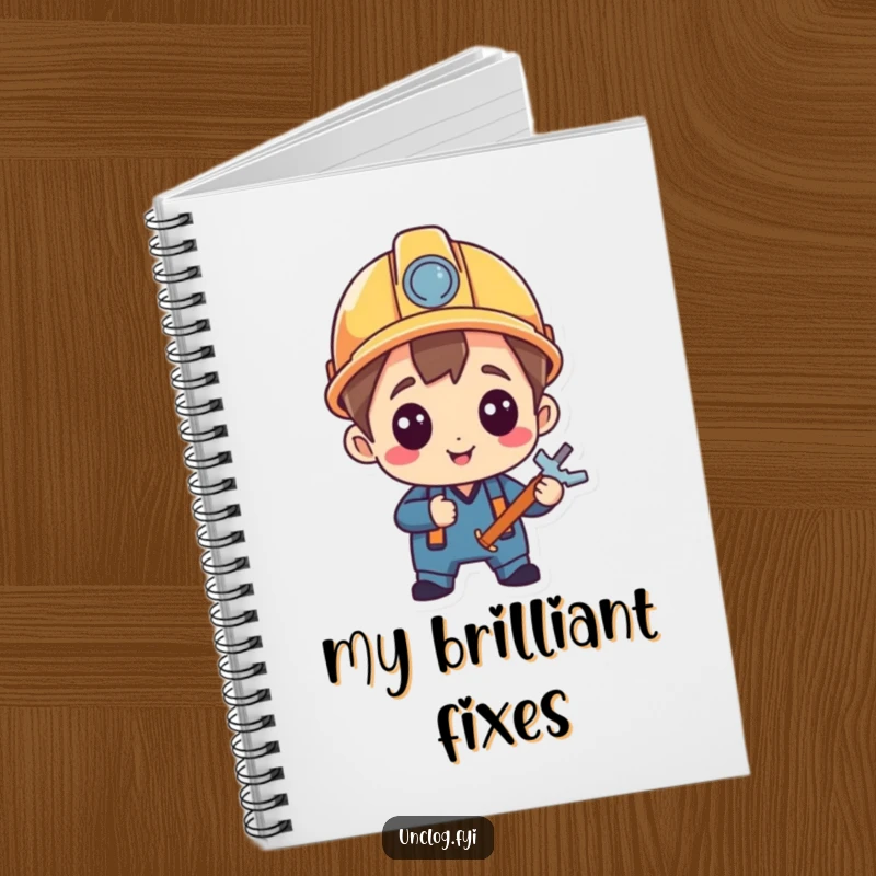 Funny Notebook with a character in a hard hat, pleased with a repair, ready to capture your most brilliant and precise ideas.
