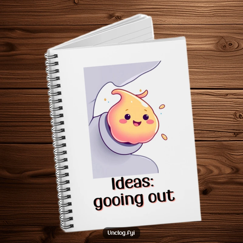 Funny Notebook featuring a smiling blob of colorful goo making a swift, humorous exit from a pipe.
