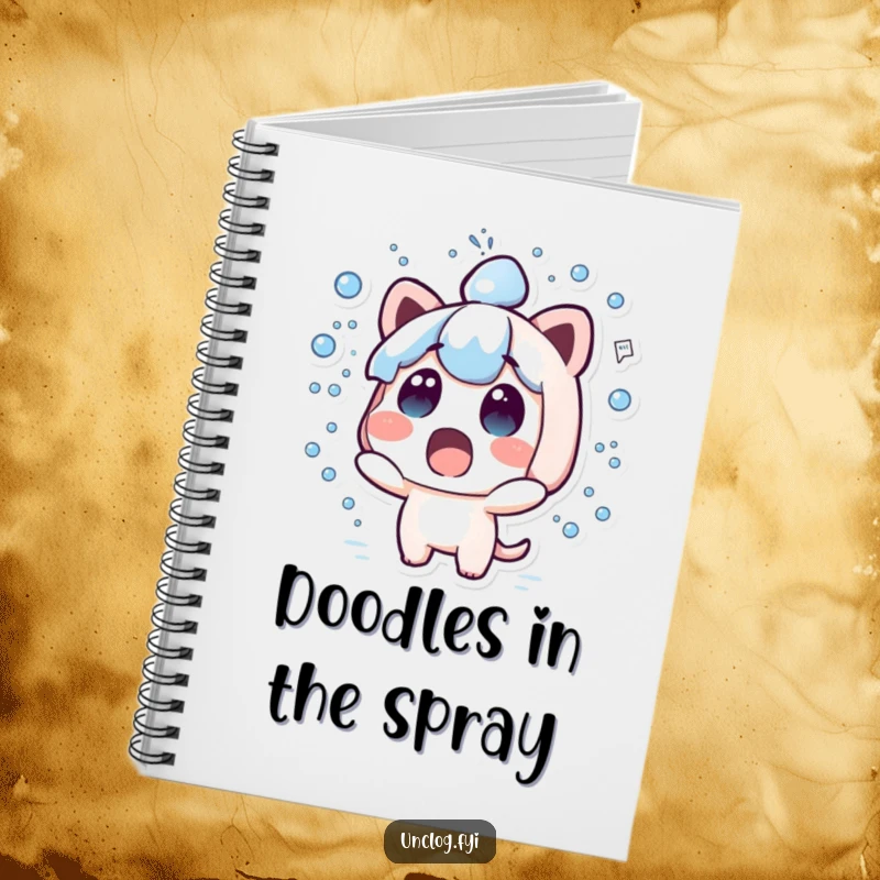 Funny kawaii notebook featuring a cute surprised character with water spraying everywhere.