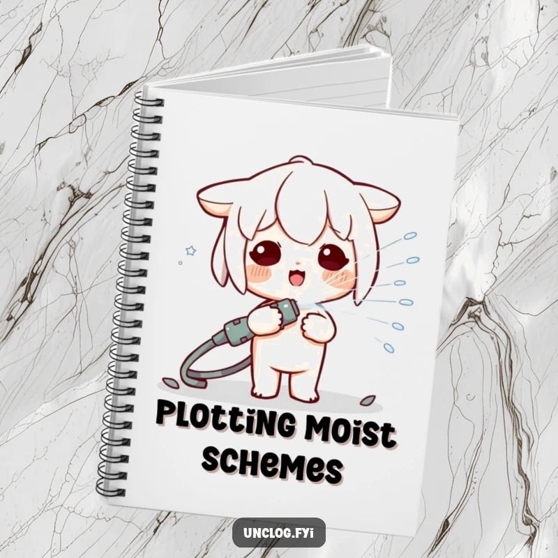 Funny Kawaii character energetically spraying water from a hose across the cover of a notebook, inspiring fun note-taking.