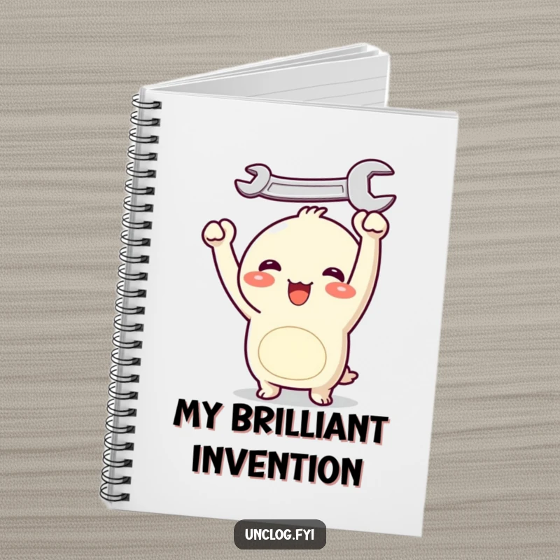 Funny Kawaii notebook featuring a joyful character holding a wrench overhead, ideal for jotting down notes with a humorous and inspiring touch.