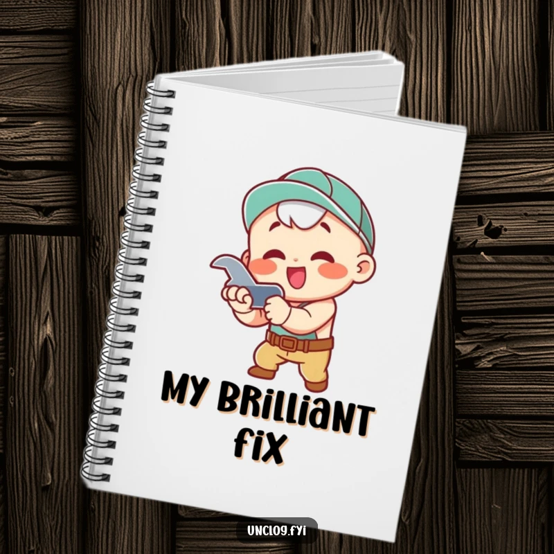 Funny Notebook with a kawaii character enthusiastically tightening a pipe with a wrench, ideal for jotting down notes humorously.