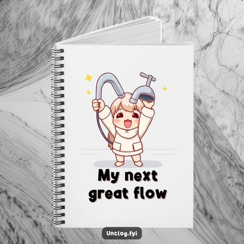 Funny notebook with a design of a character triumphantly holding a shiny new faucet, ideal for project planning.