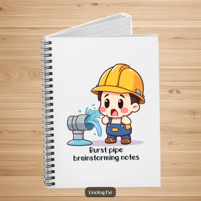 Funny notebook cover with a surprised character in a hard hat facing an erupting water pipe.