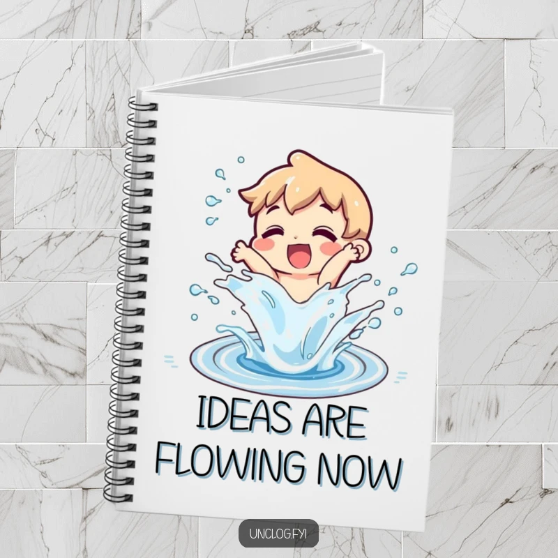 Funny character splashing water from an unclogged drain on a notebook, inspiring clear thinking and problem-solving.