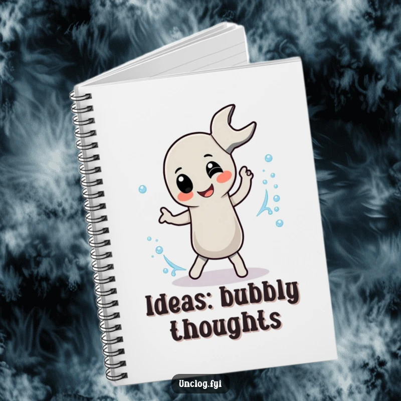 Funny Notebook featuring a pipe wrench character playfully dancing with a bubbly stream, designed for jotting ideas.