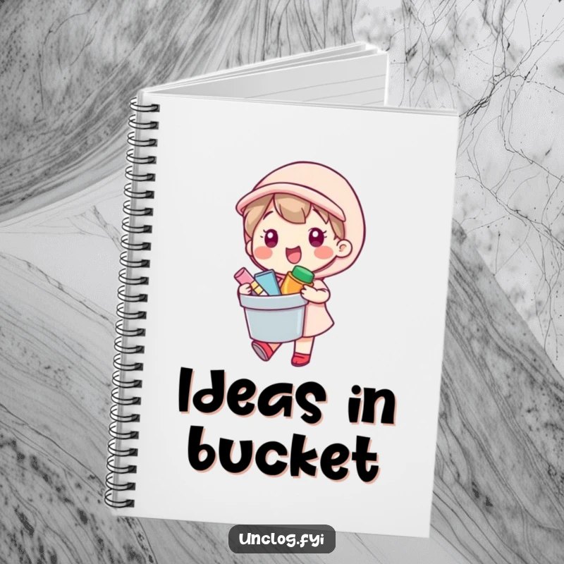 Funny Notebook with a kawaii character happily carrying a bucket of supplies, perfect for jotting down ideas humorously.