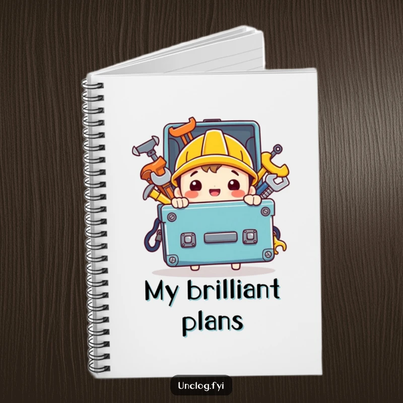 Funny notebook with a character carrying a toolbox full of shiny tools, ideal for jotting down project plans.
