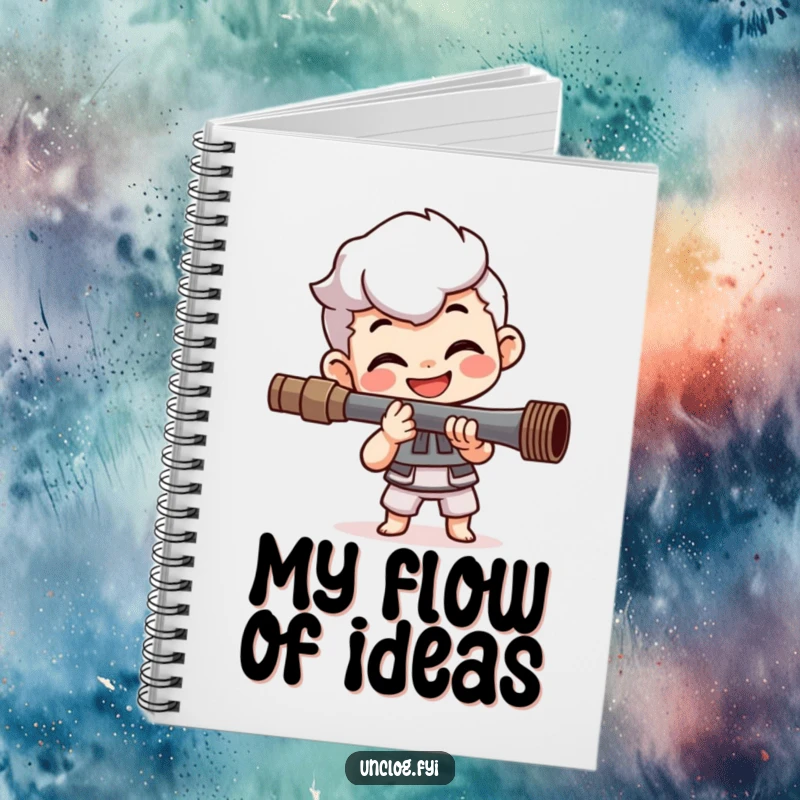 Funny notebook with a smiling character's happy determination while expertly tightening a pipe, providing a humorous cover for your notes.