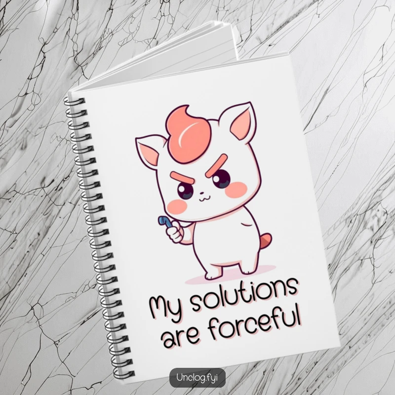 Funny Kawaii Notebook with a determined cute character pushing a plunger, designed for writing down solutions and tackling tasks.