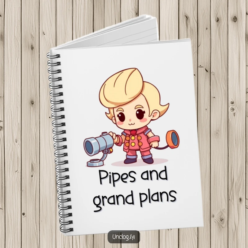 Funny notebook with a proud character beside a shiny new pipe, perfect for jotting down funny thoughts.