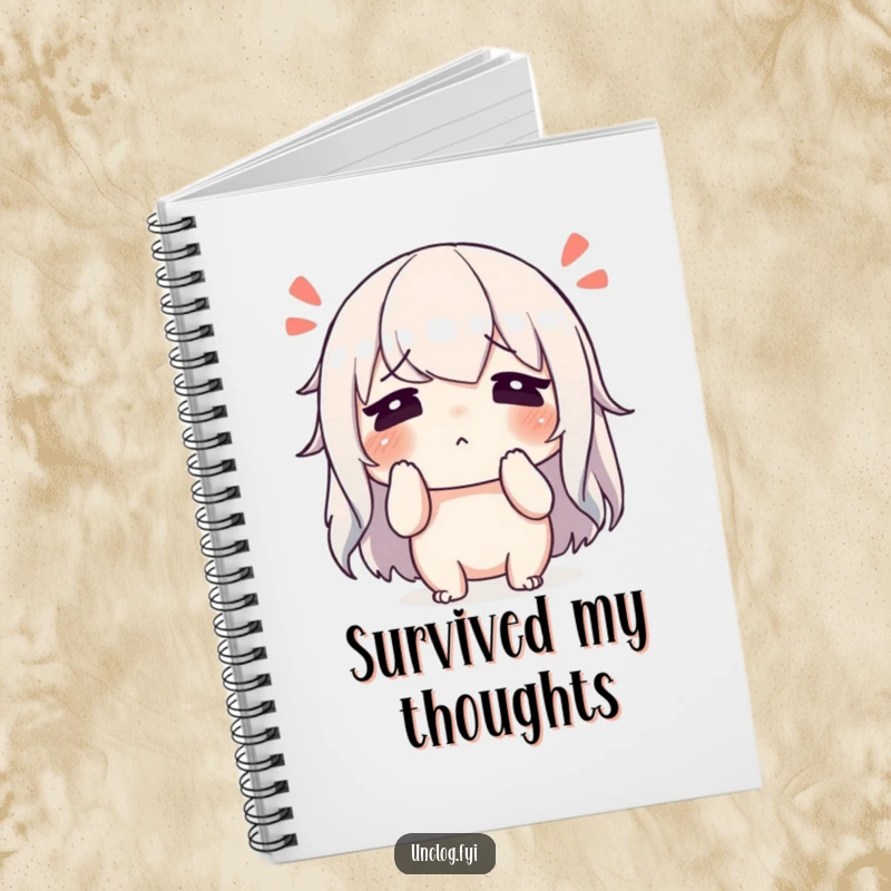 Funny character wiping sweat from its brow with a relieved sigh on a notebook, encouraging reflection on effort and success.