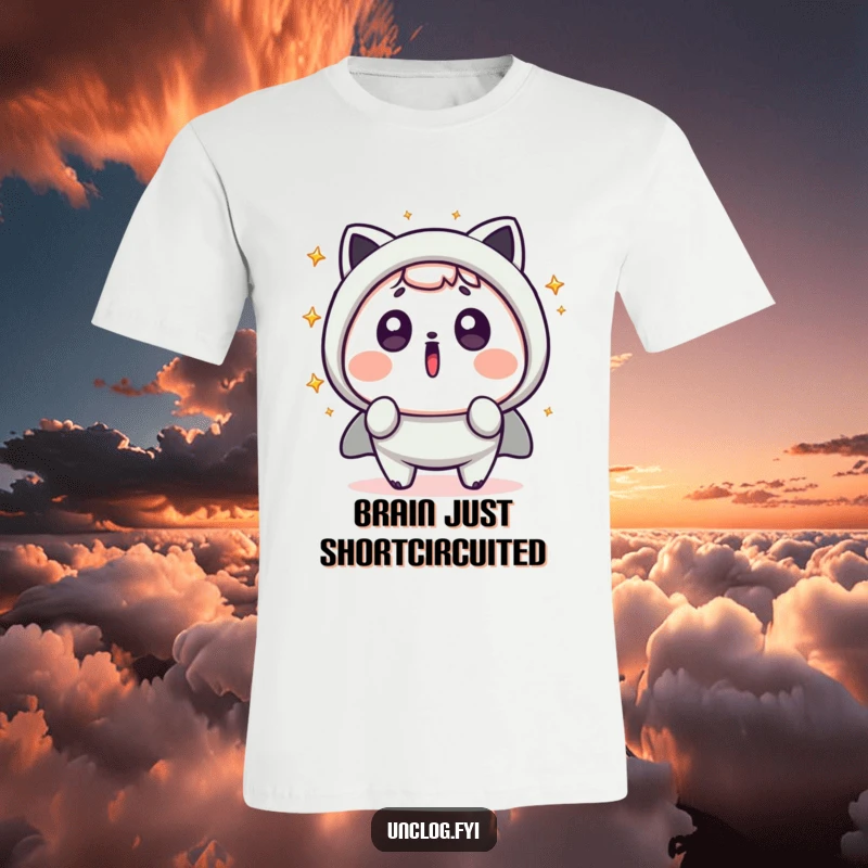 Funny Kawaii T-Shirt with a cute character looking shocked, surrounded by colorful flying sparks, perfect for expressing surprise.