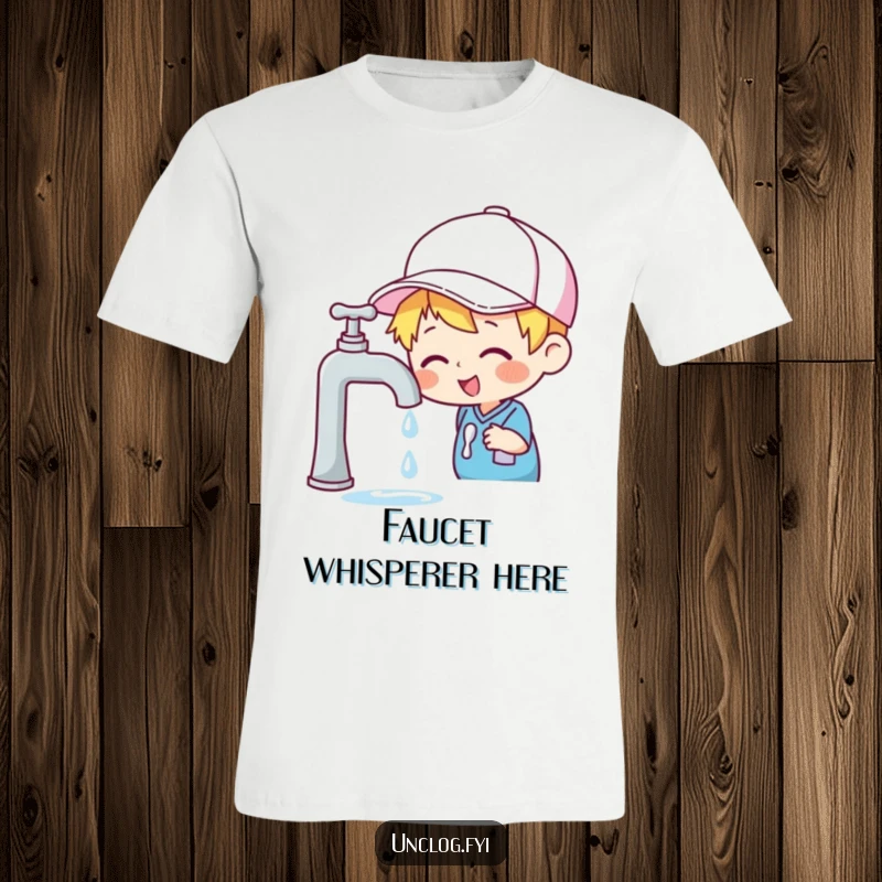 Funny t-shirt showing a cheerful character wearing a cap, attentively inspecting a dripping faucet, capturing a common household scene.