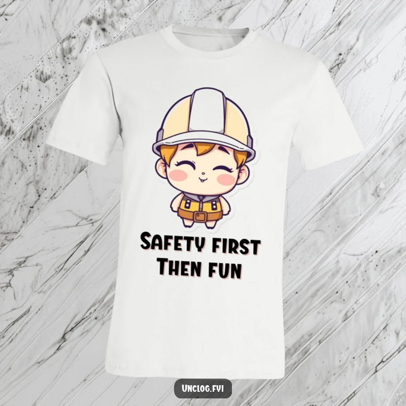 Funny character t-shirt, wearing a hard hat and winking, radiating humorous skill and a confident attitude.