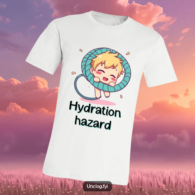 Funny t-shirt with a character comically tangled in a garden hosepipe, illustrating a moment of outdoor mishap with humor.
