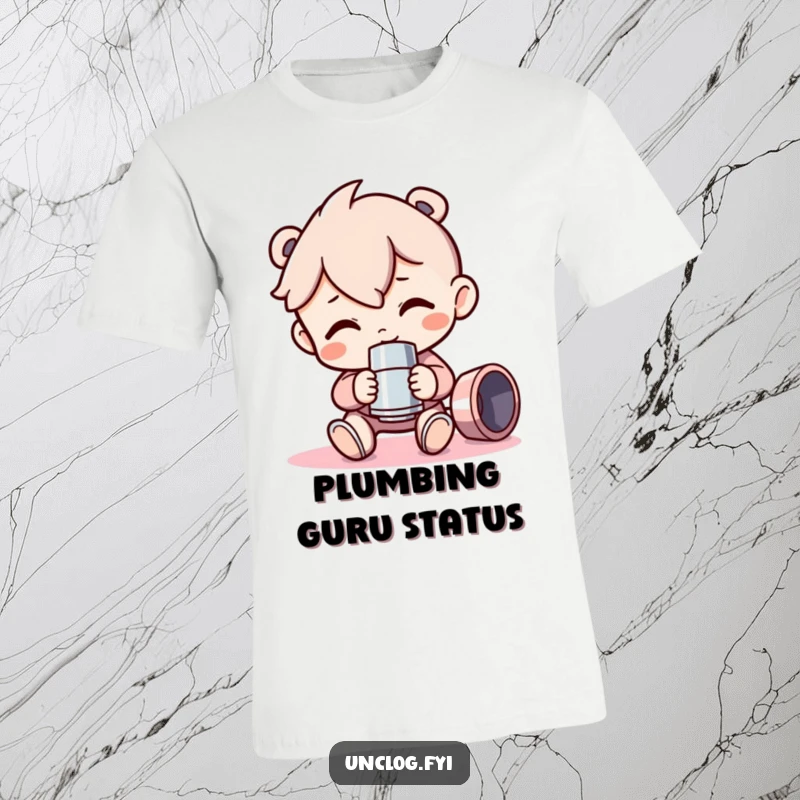 Funny T-Shirt design of a delighted character proudly displaying a gleaming, brand new pipe fitting, emphasizing a love for tools and DIY projects.